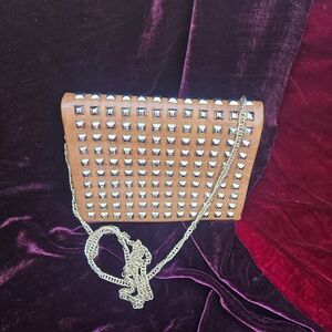 Street Level Tan Studded Crossbody Bag Convertible Clutch Gold Chain